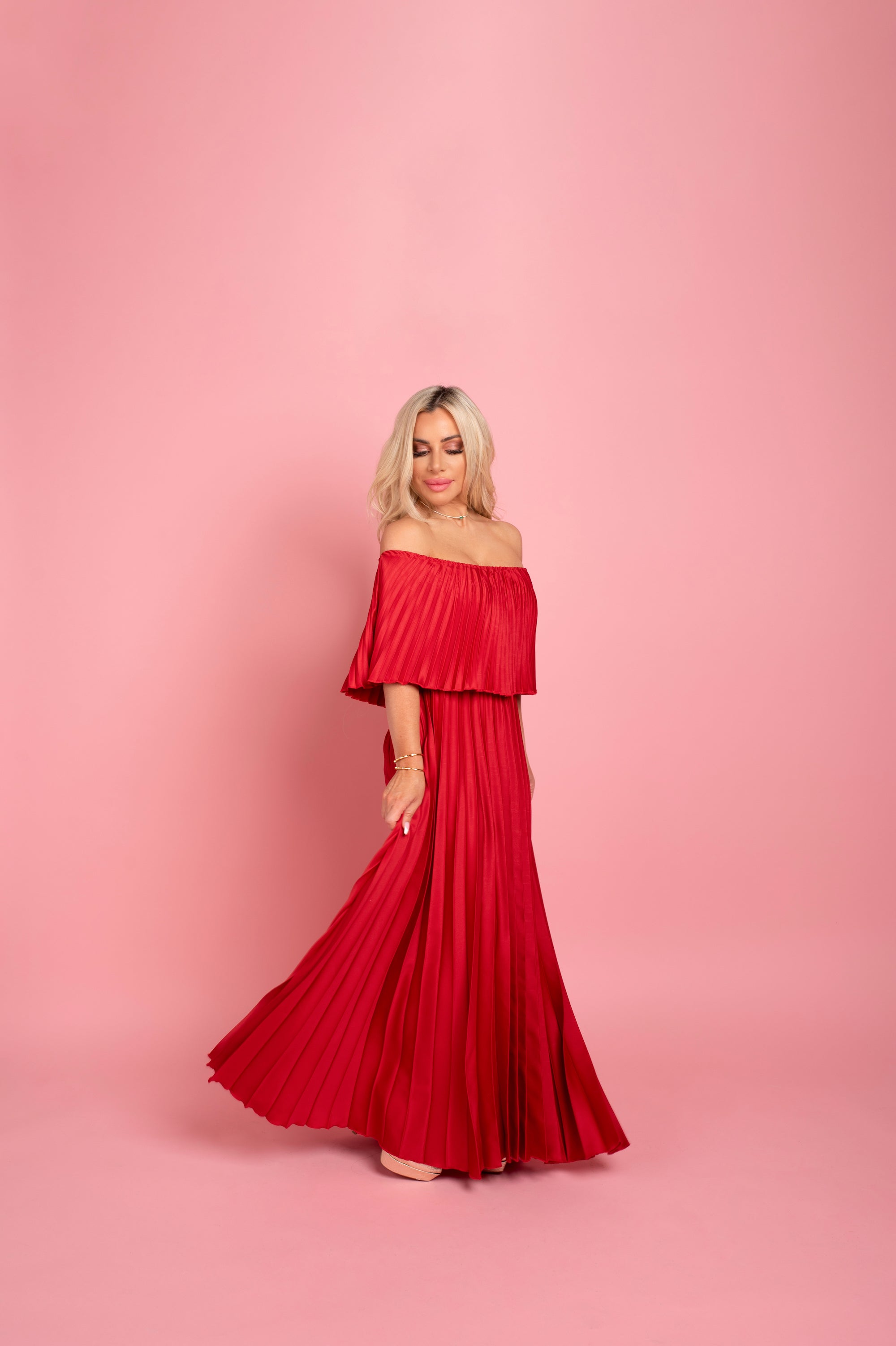 Silk Pleated Dress - Firey Red