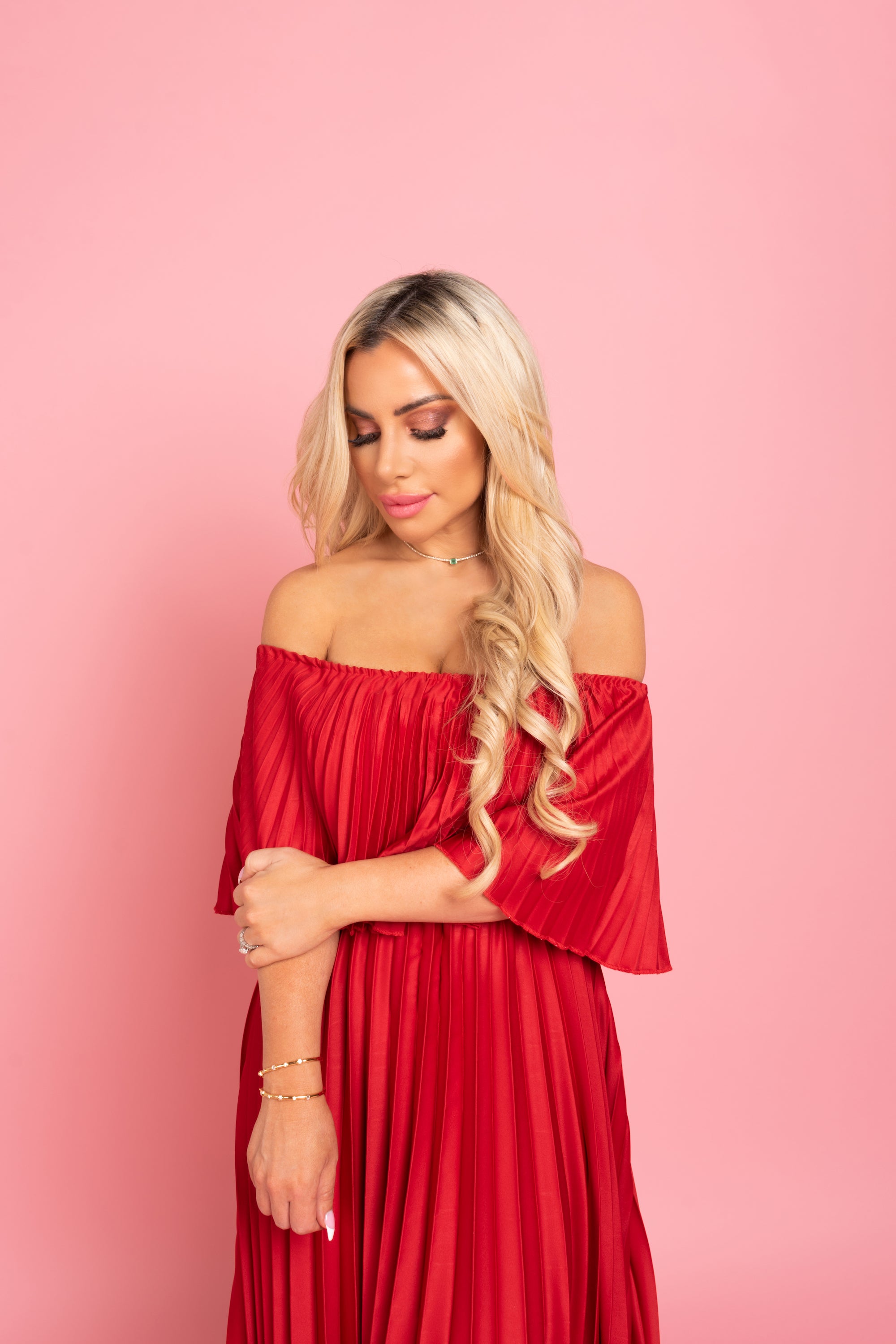 Silk Pleated Dress - Firey Red